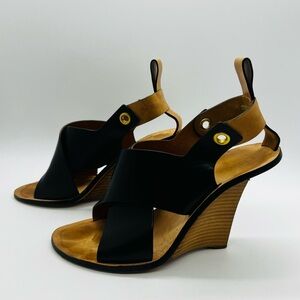 Chloe Black and Tan Wedge Slingback Sandals with Leather Cross-Strap Est SZ 10